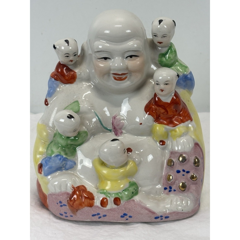 Vintage Chinese Famille Rose Porcelain Happy Buddha With 5 Children 7.5"